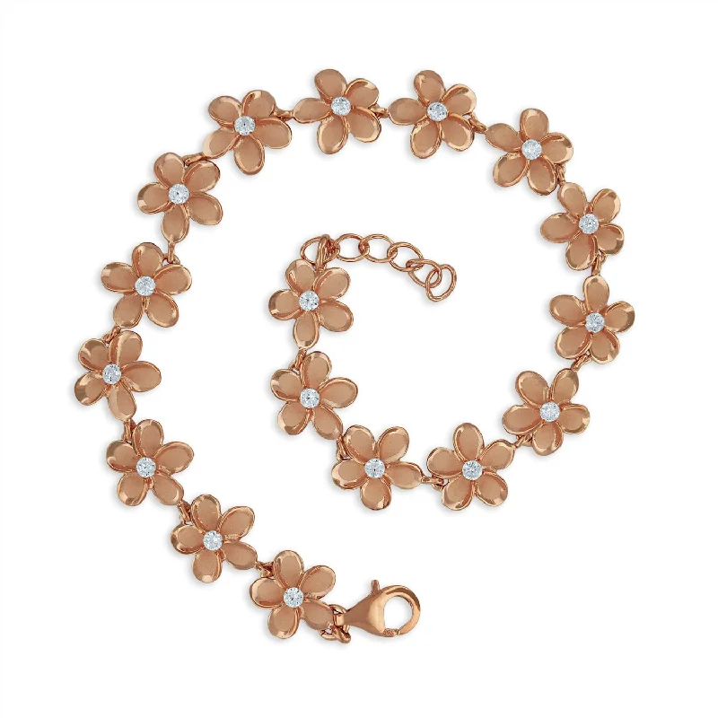 Women’s rose gold bracelets-Rose Gold Plated Sterling Silver Plumeria Link Bracelet, 7.5+0.5" Extender