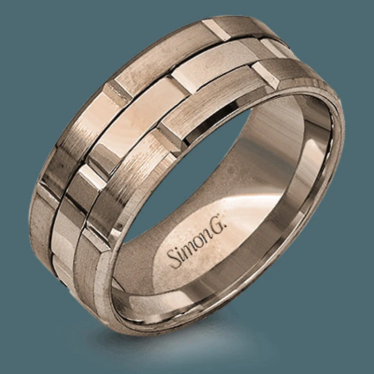 This brilliant two-tone men's wedding band features a center column of sleek yellow gold surrounded by two white gold silhouettes.