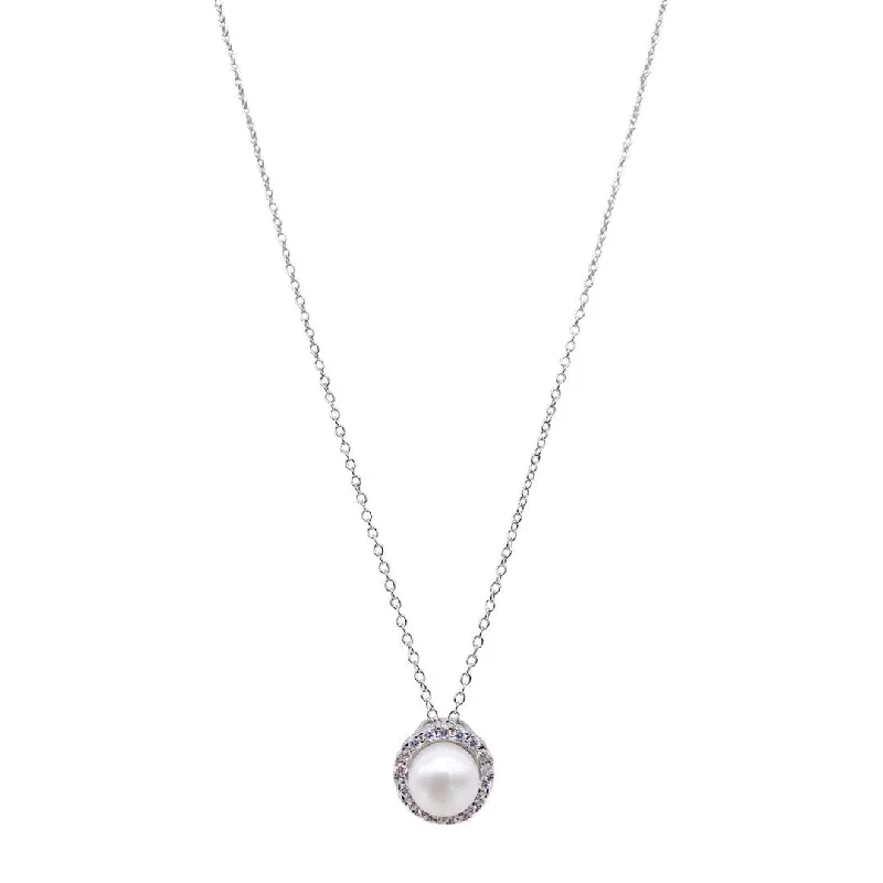 Women’s layered gold necklaces-Rhodium Plated Freshwater Pearl Halo Necklace