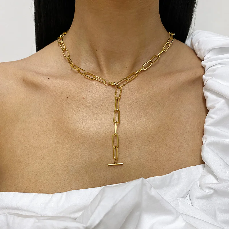 Women’s gold chain necklaces-Tarnish Resistant 14k Gold Plated Paper Clip Chain Y-Necklace with Lobster Lock