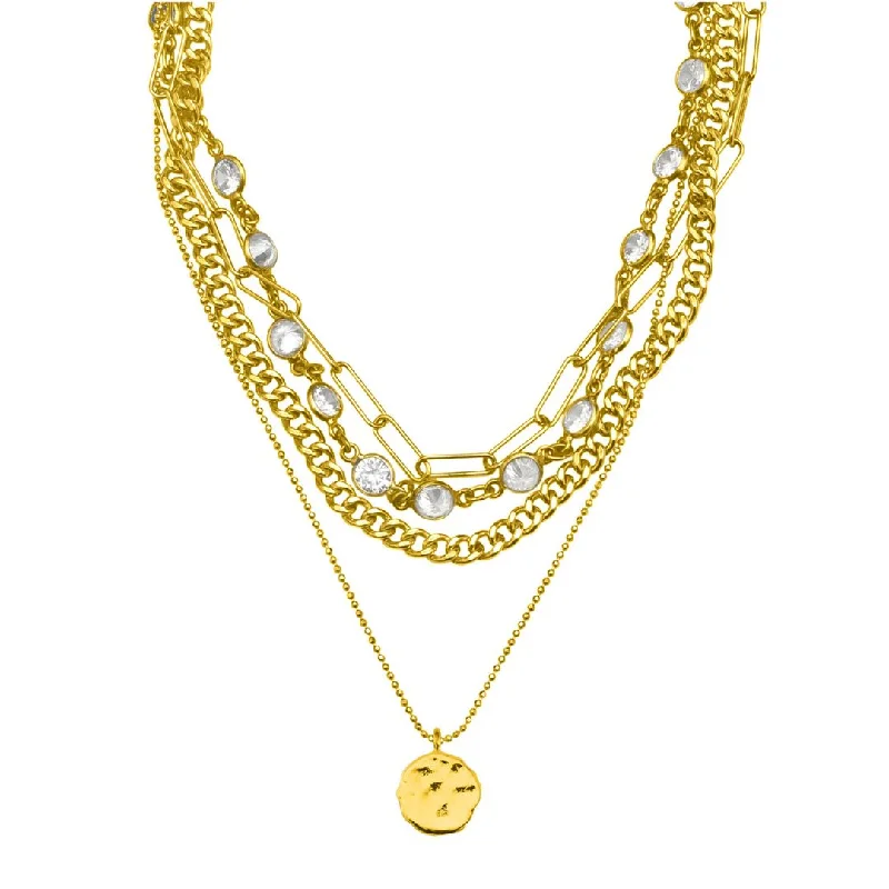 Women’s ruby necklaces-14k Gold Plated Messy Layered Necklace with Pebbled Charm