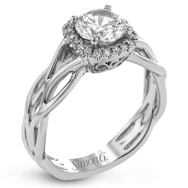 This unique engagement ring has a wide braided gold band and is made for a RD center stone with a milgrain bezel, and cushion shaped diamond halo 0.12 ctw.