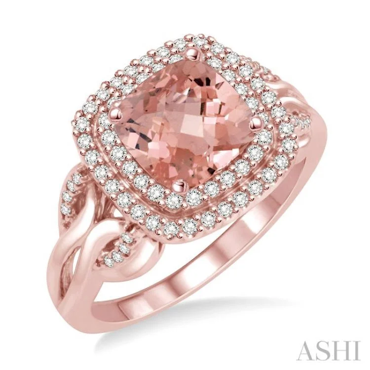 1/3 Ctw Round Diamond and Cushion Cut 7x7mm Morganite Double Row Semi Precious Ring in 10K Rose Gold