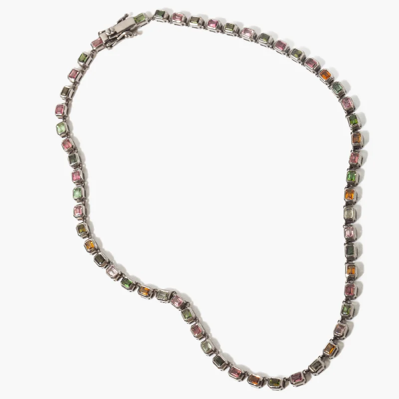 Women’s layered gold necklaces-Multi Tourmaline Mini Deco-Tile Rivière Necklace