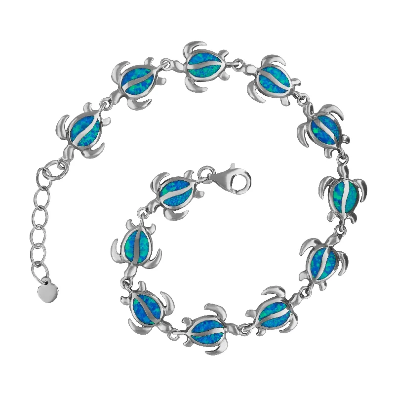 Women’s large bangles-Sterling Silver Synthetic Blue Opal Turtle Bracelet, 7.25+0.75"