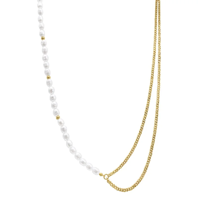 Women’s sapphire necklaces-Tarnish Resistant 14k Gold Plated Draped Pearl and Curb Chain Necklace