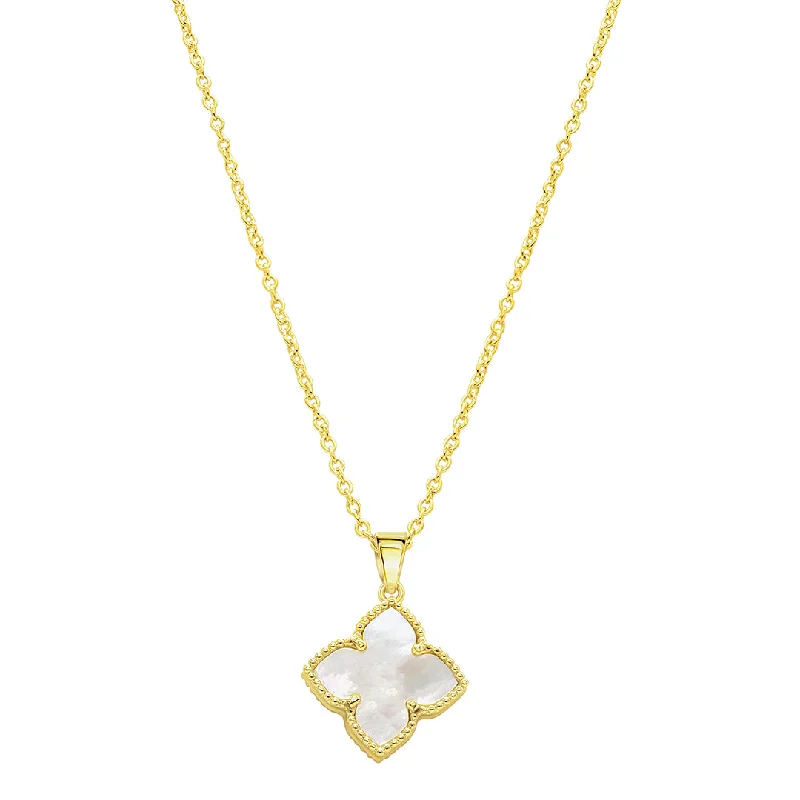 Women’s emerald-cut necklaces-Rhodium Plated Flower White Mother of Pearl Necklace