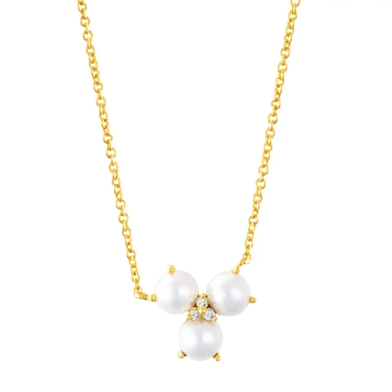 Women’s diamond studded necklaces-14k Gold Plated Adjustable 3-Point Freshwater Pearl Flower with CZ Necklace