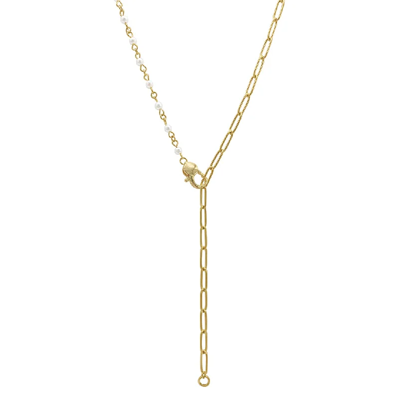 Women’s trendy necklaces-Tarnish Resistant 14k Gold Plated Mosaic Pearl and Chain Lock Necklace