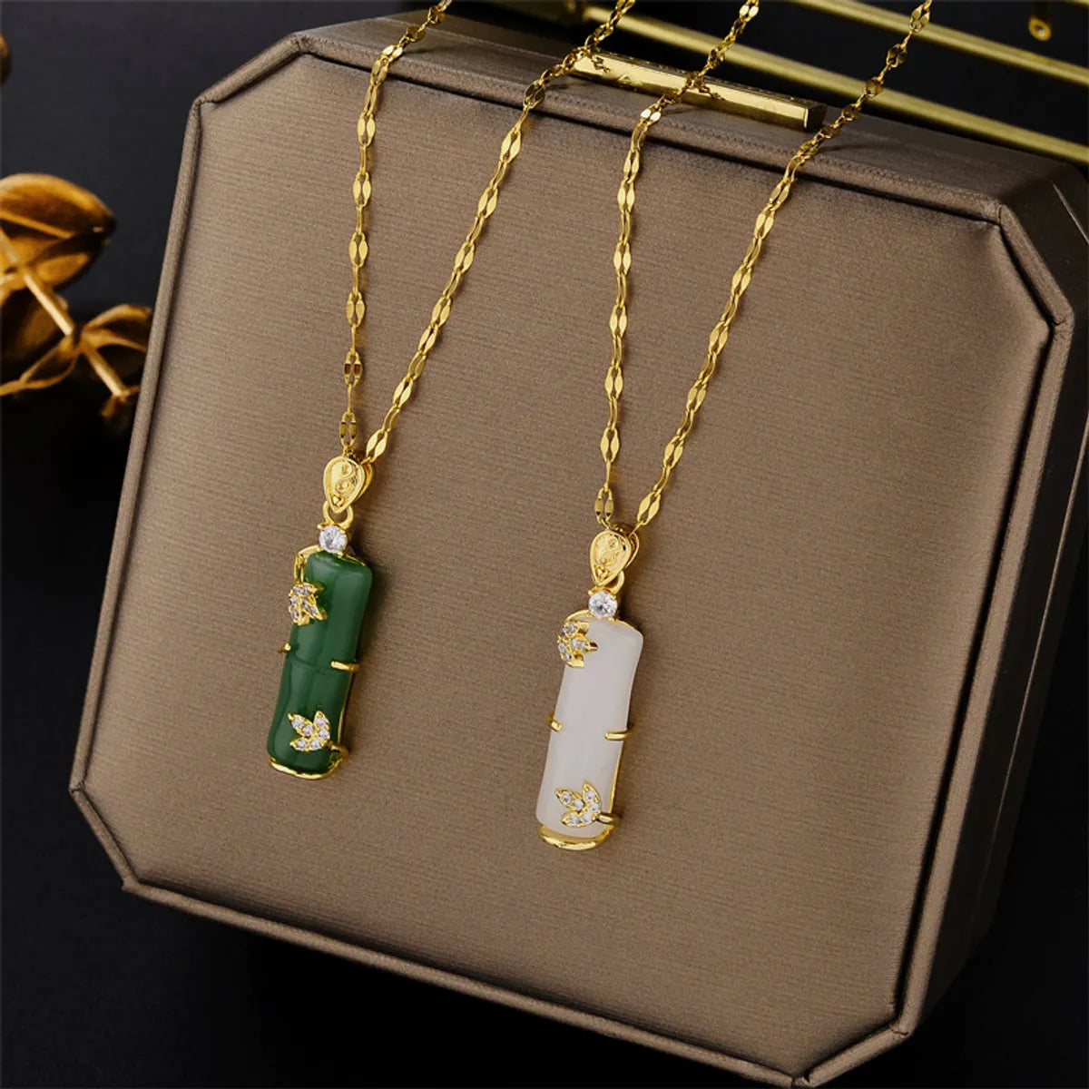 Women’s vintage pendant necklaces-Chinoiserie Bamboo Titanium Steel Plating Inlay Artificial Gemstones Pendant Necklace