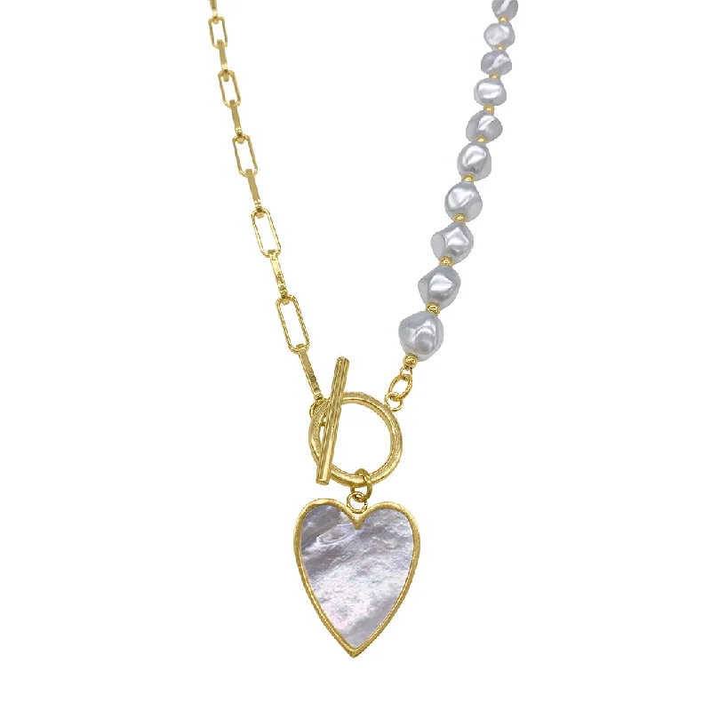 Women’s large pendant necklaces-14k Gold Plated Pearl and Chain Heart Toggle Necklace