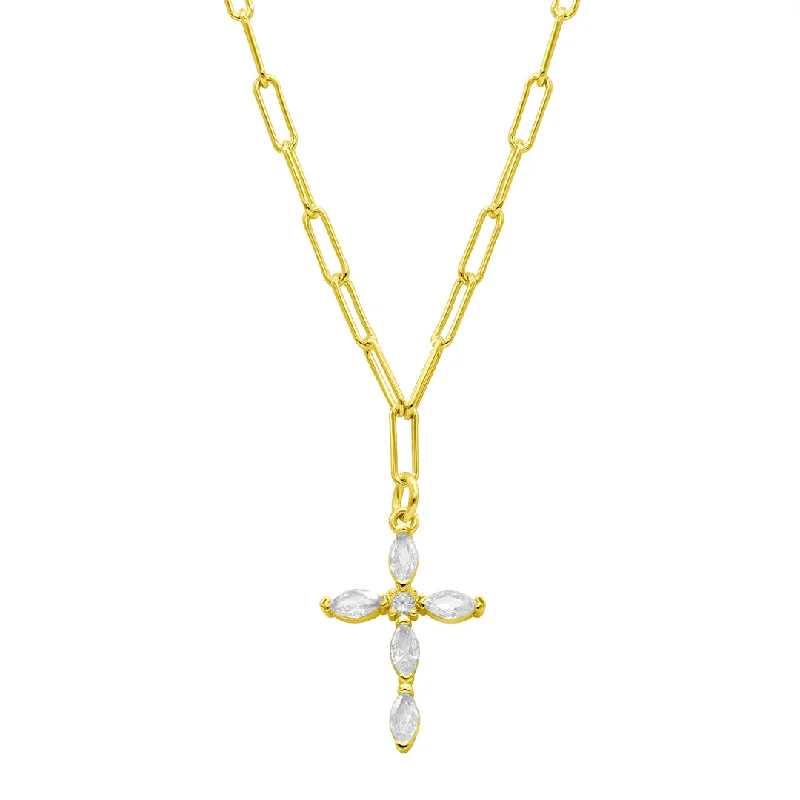 Women’s bridal diamond necklaces-14k Gold Plated Paperclip Cubic Zirconia Cross Necklace