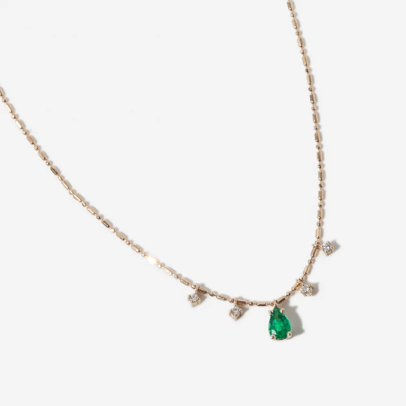 Women’s emerald-cut necklaces-Pear Emerald Pendant & Dangling Diamonds Tube Bar Chain Necklace