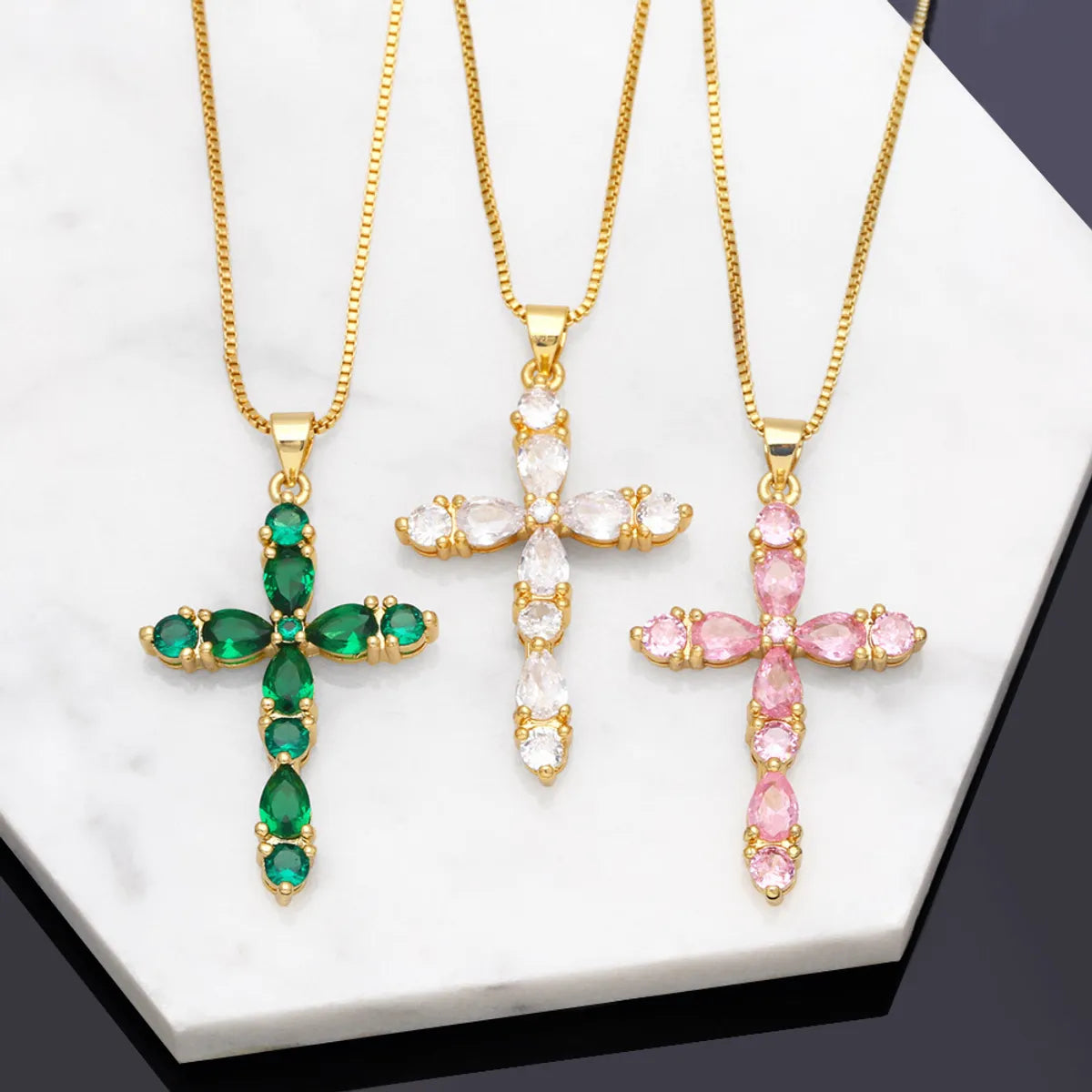 Women’s statement gold necklaces-Fashion Colorful Zircon Cross Hip Hop Diamond Copper Necklace