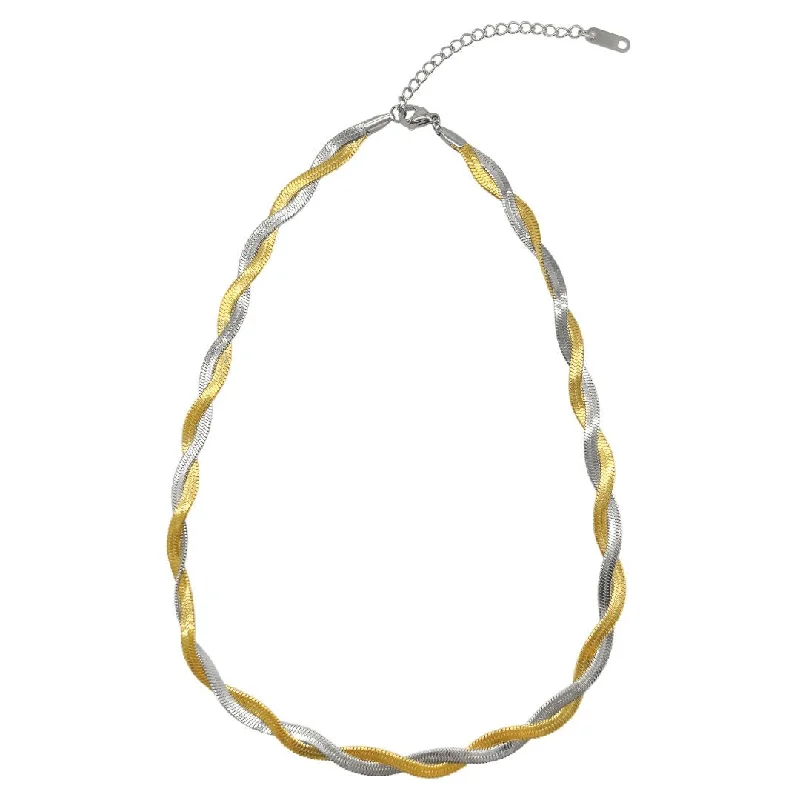 Women’s zodiac necklaces-Tarnish Resistant 14k Gold Plated Interlaced Gold and Silver Herringbone Chain Necklace