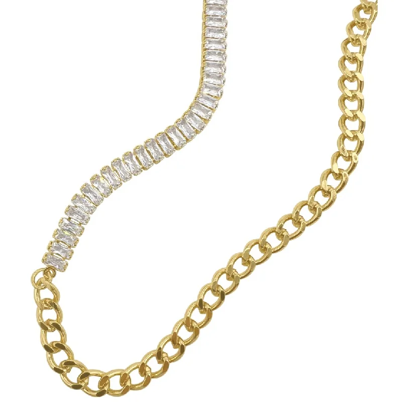 Women’s adjustable necklaces-14k Gold Plated Mix Curb Chain and Baguette Tennis Necklace