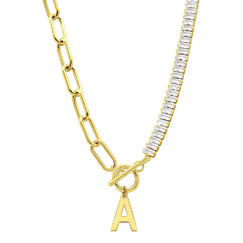 Women’s personalized name necklaces-14k Gold Plated Half Crystal And Half Paperclip Initial Toggle Necklace