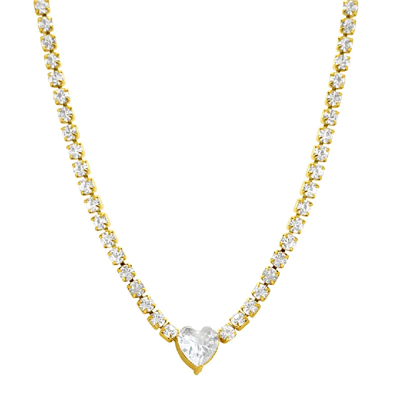 Women’s pearl necklaces-Water Resistant Crystal Heart Tennis Chain Necklace gold