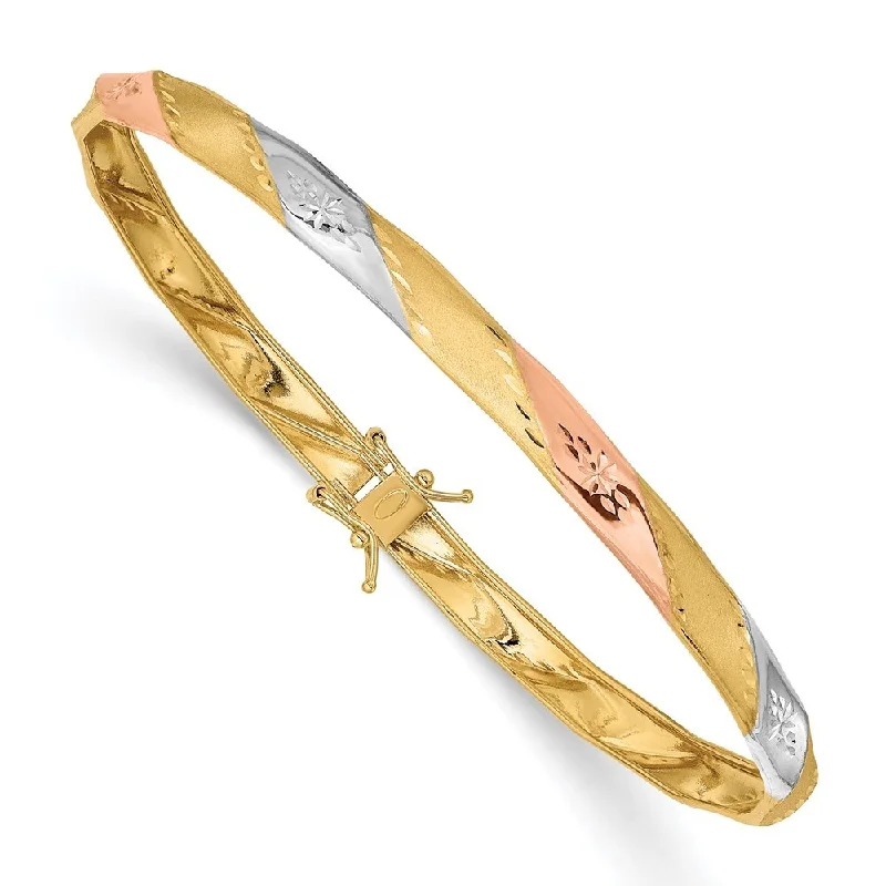 Women’s charm bracelets-14k Yellow Gold w/White and Rose Rhodium 4.75mm Satin Diamond-Cut Flex Bangle Bracelet