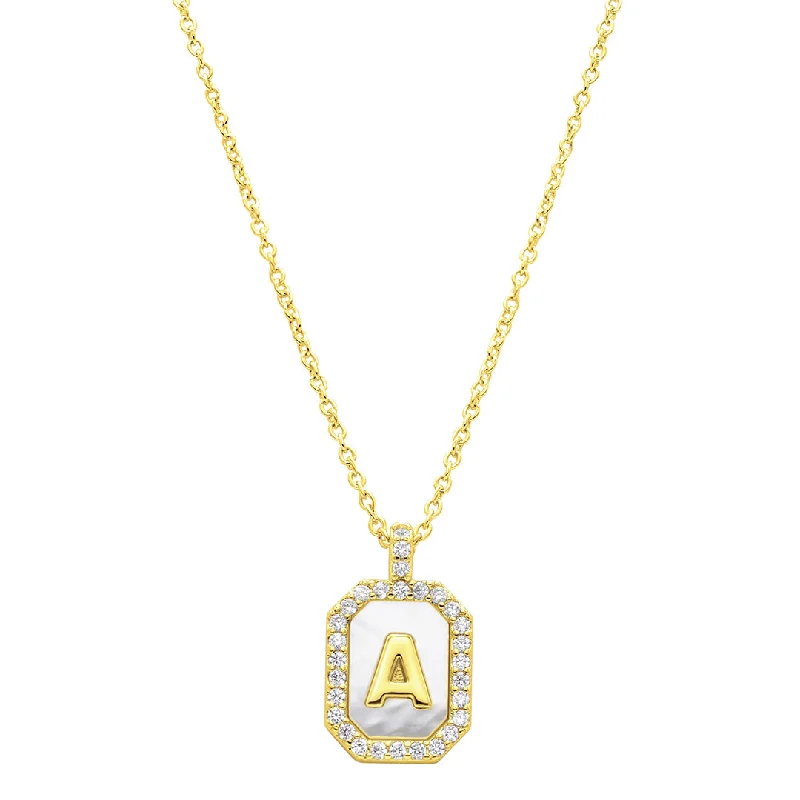 Women’s long chain necklaces-14k Gold Plated White Mother-of-Pearl Initial Tablet Necklace