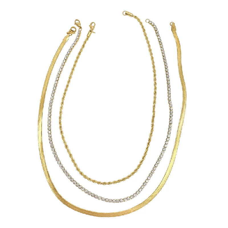 Women’s moon-shaped necklaces-Tarnish Resistant 14k Gold Plated Herringbone Chain, Rope Chain, and Tennis Necklace Set