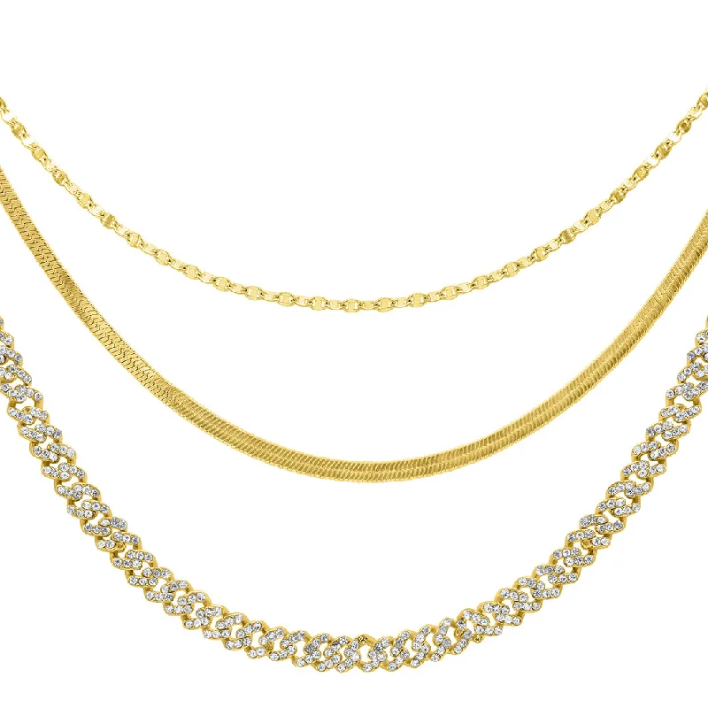 Women’s rose gold necklaces-14k Gold Plated Adjustable Valentina, Herringbone and 8mm Crystal Curb Chain Necklace Set