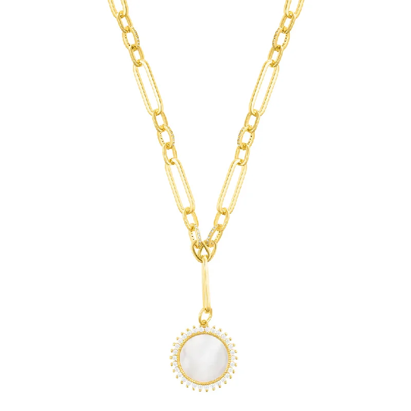 Women’s wedding necklaces-14k Gold Plated Mother of Pearl CZ Halo Disc Mixed Link Y-Necklace