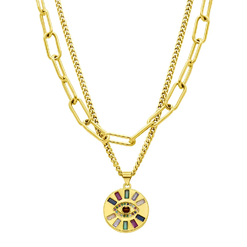 Women’s vintage gold necklaces-14k Gold Plated Adjustable Evil Eye Multi Color Layered Double Necklace