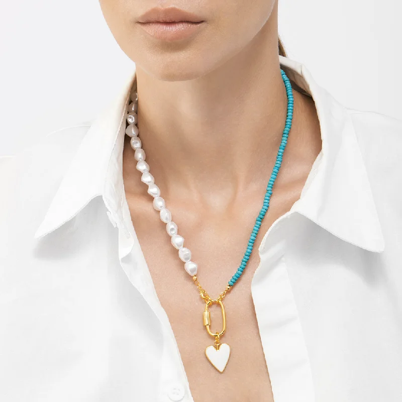 Women’s long necklaces-14k Gold Plated Turquoise and Freshwater Pearl Lock and Heart Pendant Necklace