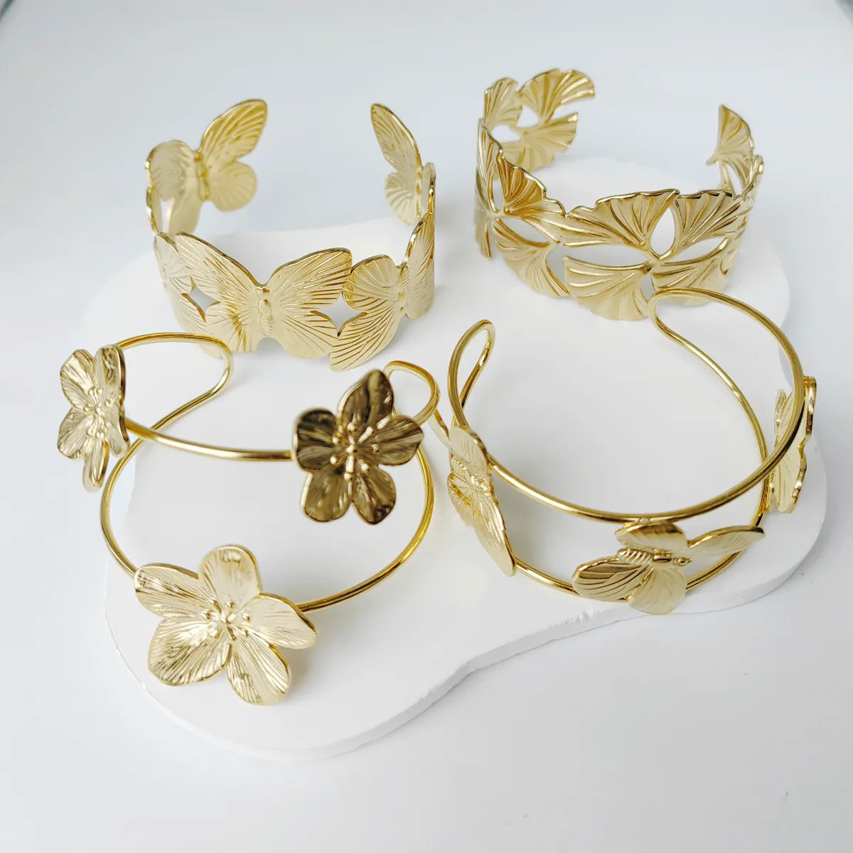 Women’s boho bracelets-Modern Style Simple Style Flower Butterfly Ginkgo Leaf 304 Stainless Steel 18K Gold Plated Cuff Bracelets In Bulk