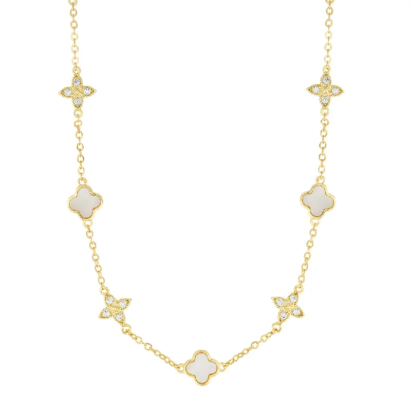 Women’s layered necklaces-14k Gold Plated Mixed Mother of Pearl and CZ Clover Station Necklace