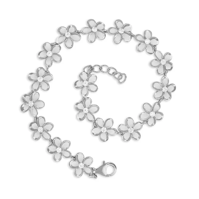 Women’s designer bracelets-Sterling Silver Plumeria Link Bracelet, 7.5+0.5" Extender