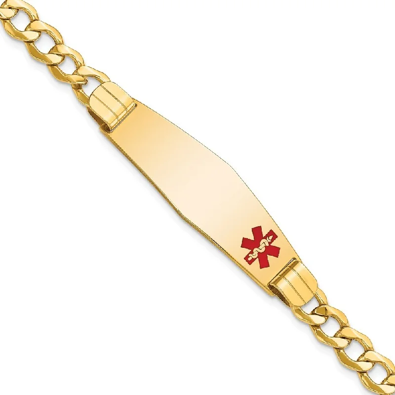 Women’s stacked bracelets-14k Yellow Gold 13.5mm Semi-solid Medical Soft Diamond Shape Red Enamel Curb Link ID Bracelet, 7"