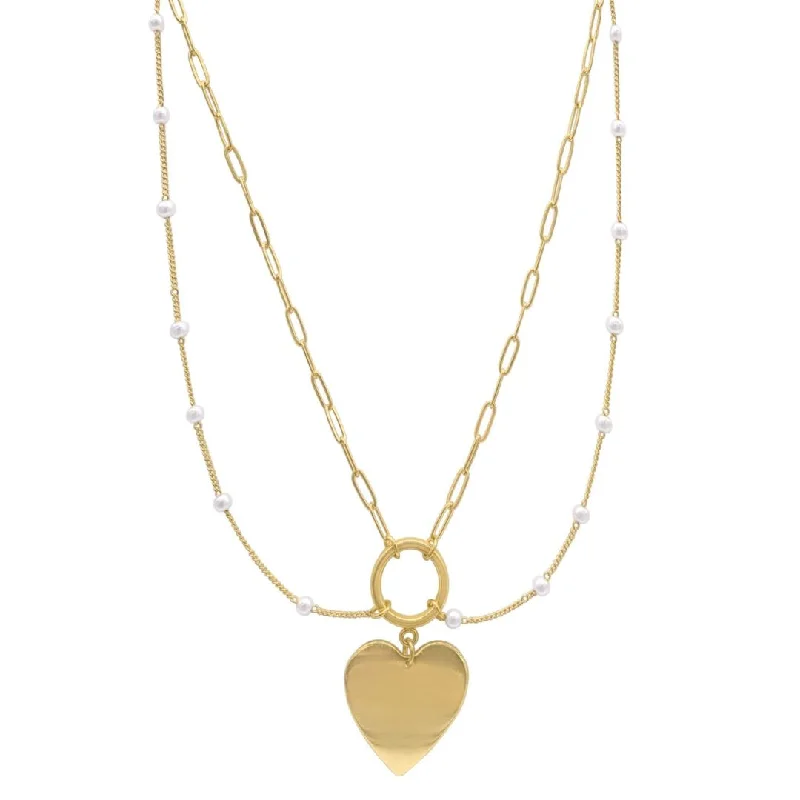 Women’s diamond chain necklaces-14k Gold Plated Mixed Chain Draped Pearl Heart