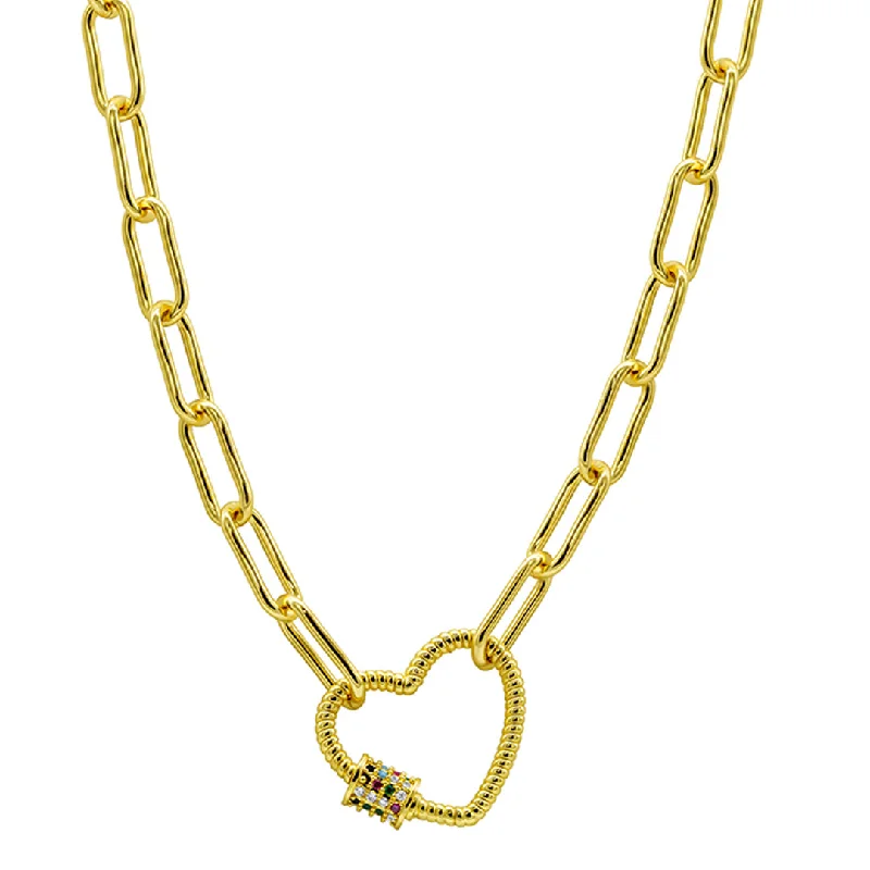 Women’s diamond heart necklaces-14k Gold Plated Paper Clip Chain With Rainbow Heart Screw Lock