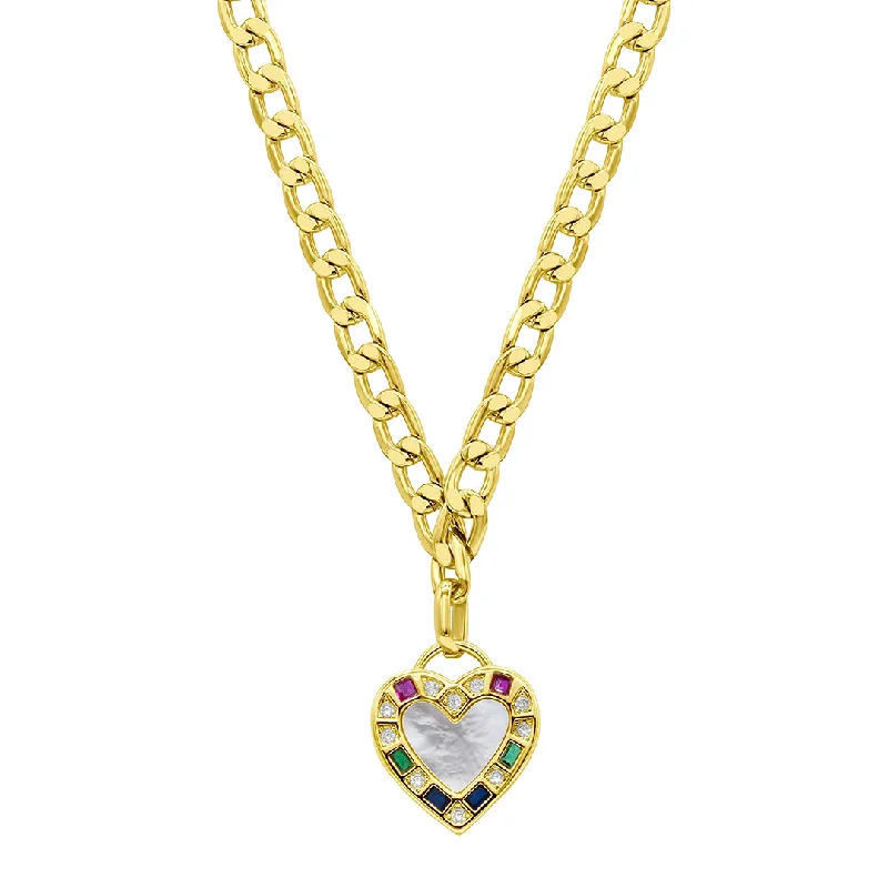 Women’s gemstone pendant necklaces-14k Gold Plated Figaro Chain Mother-of-Pearl Heart Necklace