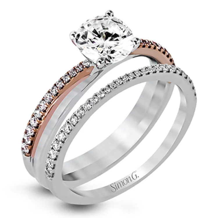 Modern yet delicate, this sophisticated wedding set features .32 ctw of round white diamonds sparkling in white and rose gold.