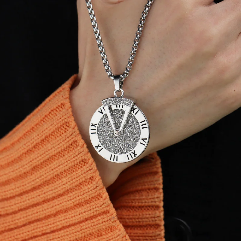 Steel Diamond-Encrusted Rotatable Dial Necklace with Lettering on the Back Pearl Chain (3.5 Thick)