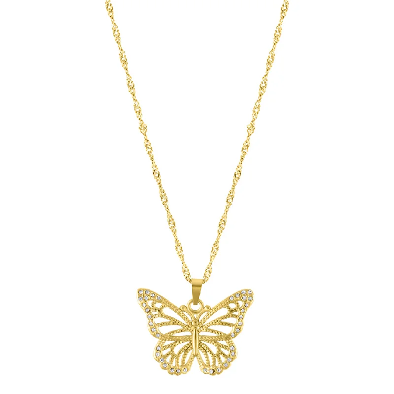 Women’s large pendant necklaces-Tarnish Resistant 14k Gold Plated Pave Butterfly Necklace