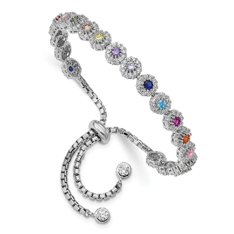 Women’s rope bracelets-925 Sterling Silver Rhodium-plated Colorful Cubic Zirconia Bolo Bracelet