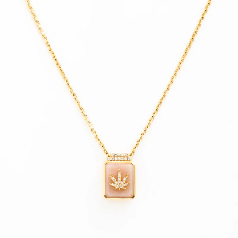 Women’s vintage necklaces-Cannabis Leaf on Pink Opal Signet Necklace