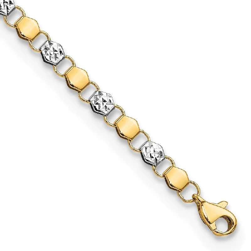 Women’s friendship bracelets-14k Yellow and White Rhodium Diamond-Cut Fancy Bracelet, 7.5" (W-3.8mm)