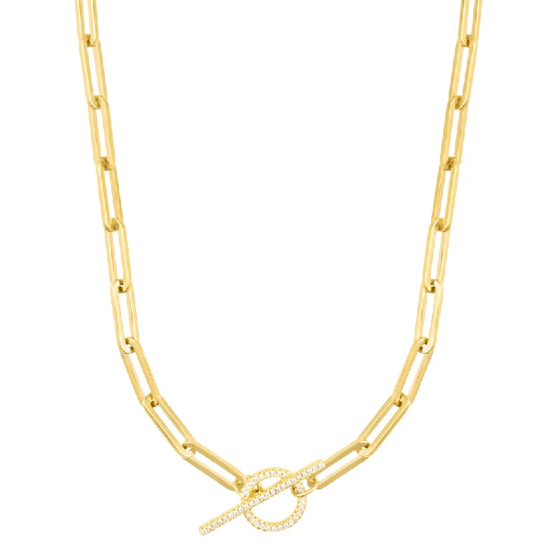 Women’s vintage pendant necklaces-14k Gold Plated Paperclip CZ Toggle Necklace