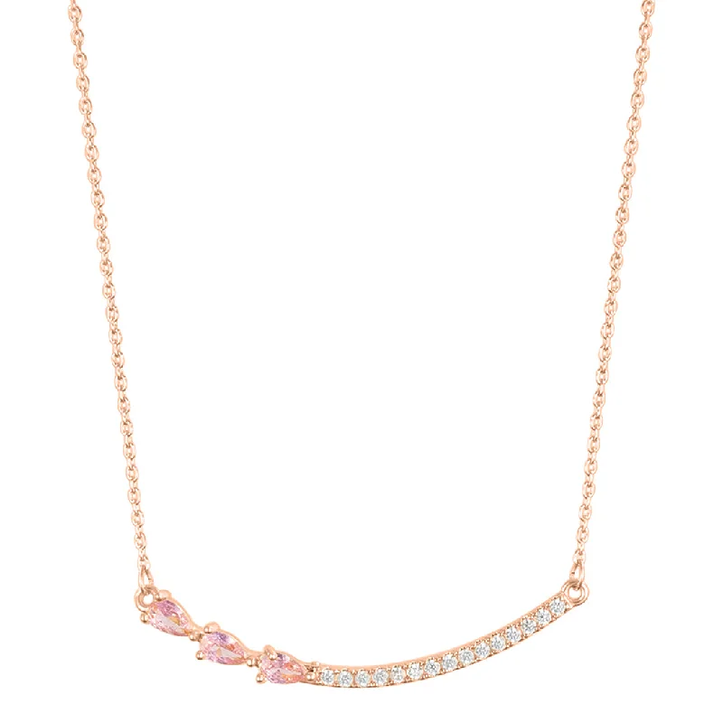 Women’s layered gold necklaces-14k Rose Gold Plated Curved Bar Clear Pear Necklace