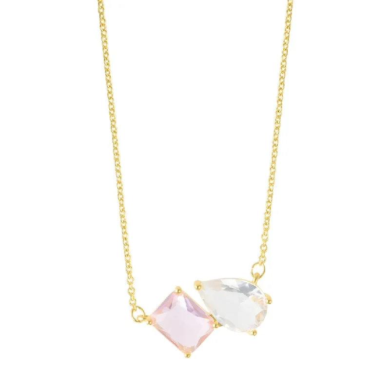 Women’s heart-shaped gold necklaces-14k Gold Plated Pink and White Double Stone Necklace