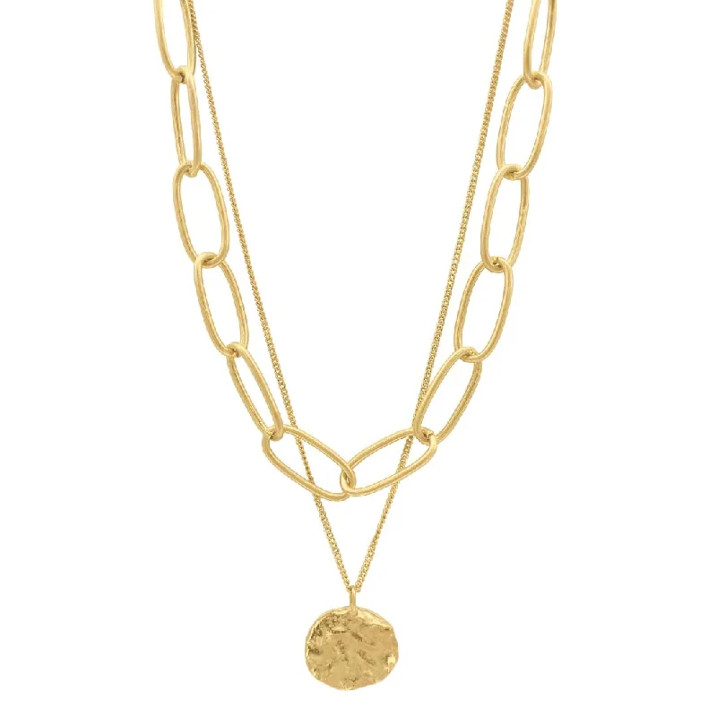 Women’s layered gold necklaces-14k Gold Plated Oval Link Chain and Coin Pendant Layered Necklace