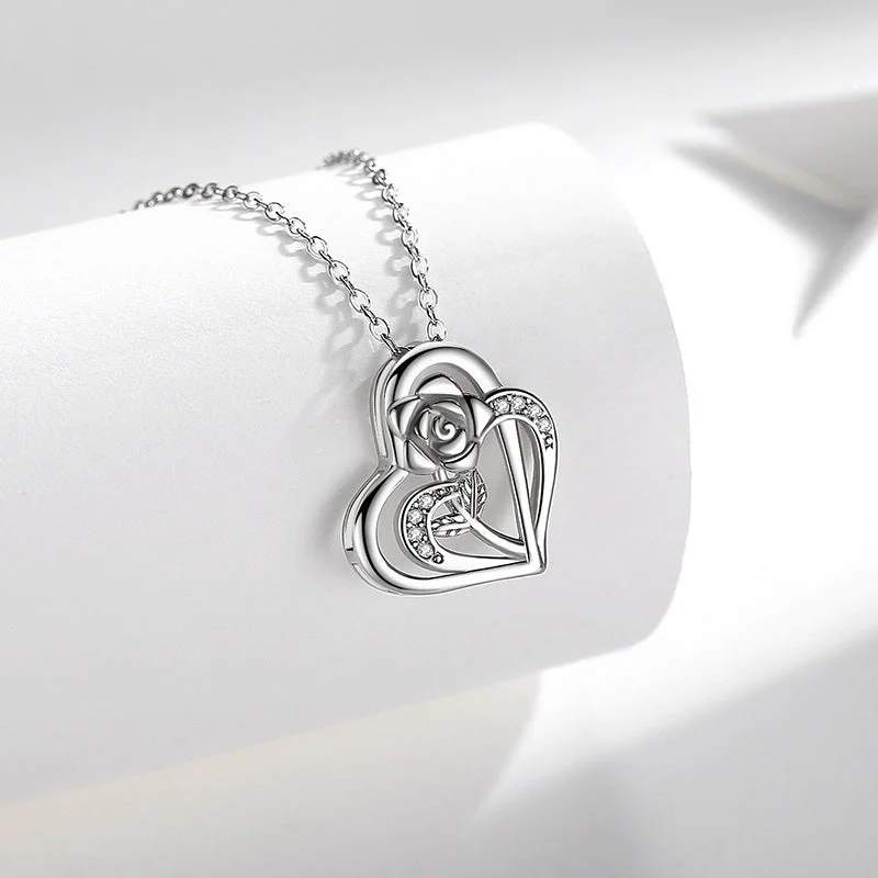 Heart Rose Necklace White Gold Color