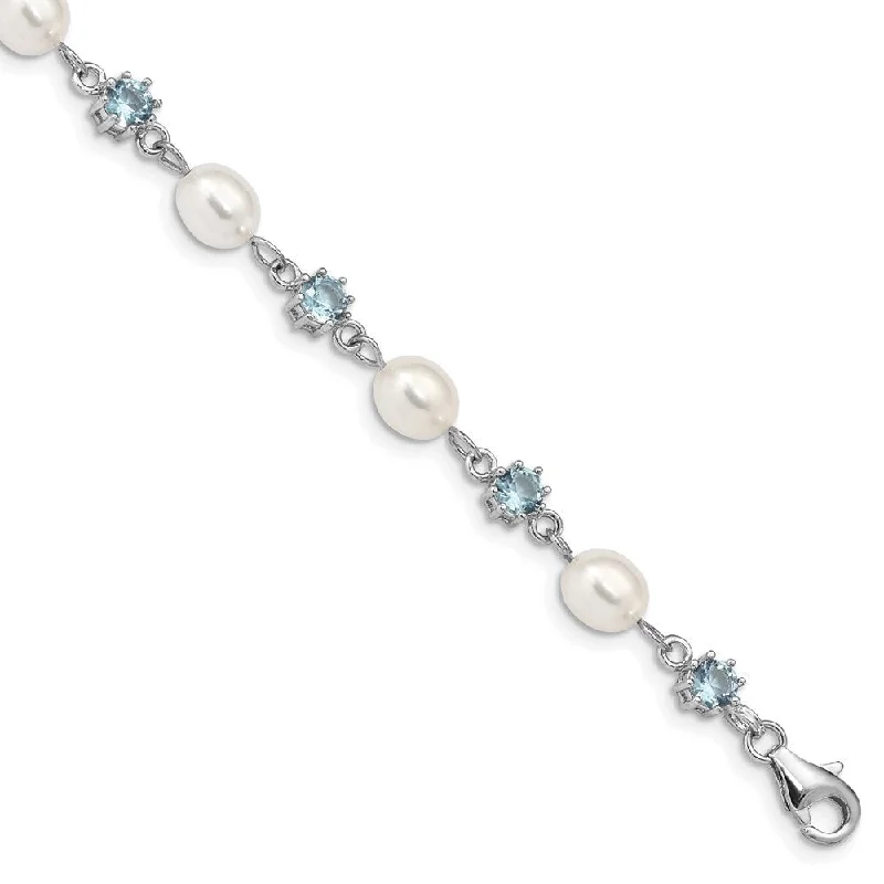 Women’s pearl bangles-925 Sterling Silver Rhodium Blue Cubic Zirconia FW Cultured Pearl Bracelet, 7"