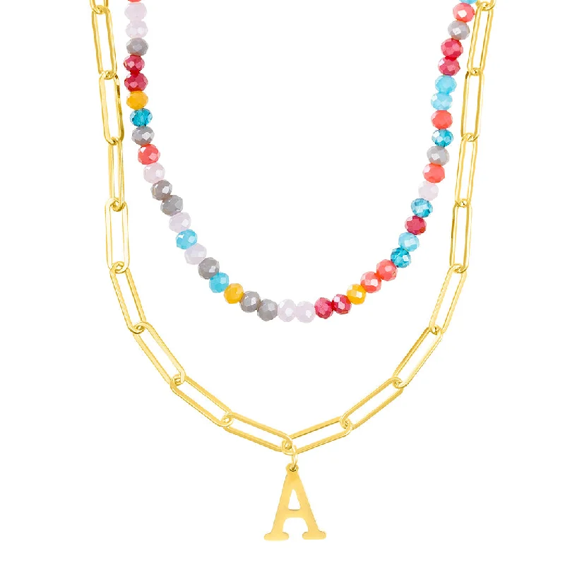 Women’s minimal pendant necklaces-14k Gold Plated Adjustable Layered Color Beads and Paperclip Chain Initial Necklace