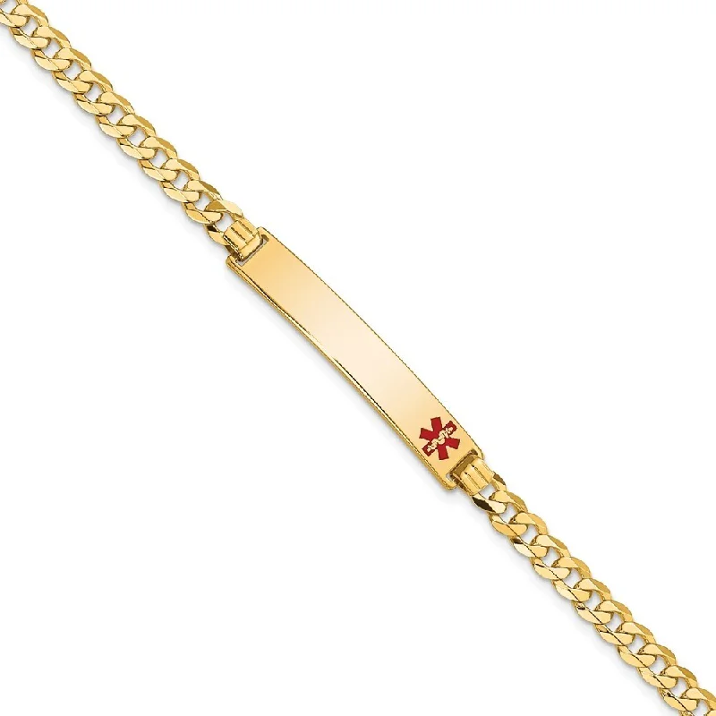 Women’s birthstone bracelets-14k Yellow Gold 6.5mm Medical Red Enamel Flat Curb Link ID Bracelet, 7"